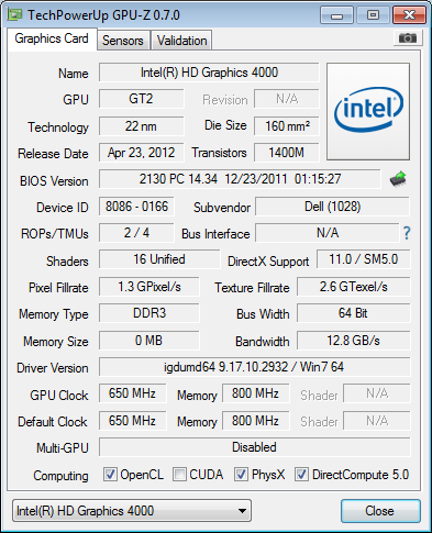 Thông số card đồ họa onboard Intel HD Graphics 4000